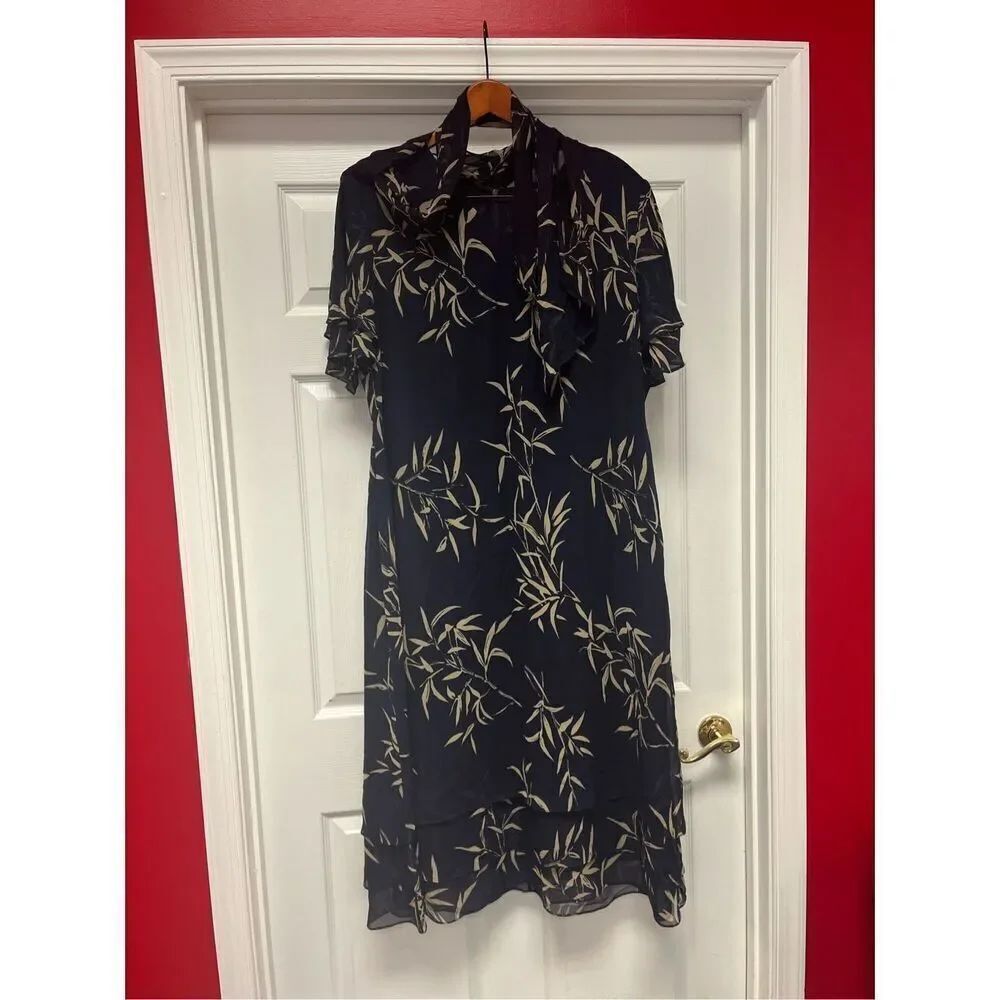 Spenser Jeremy Navy 100% Silk Tiered Bamboo Print Dress w/ Scarf Sz 14 wedding g